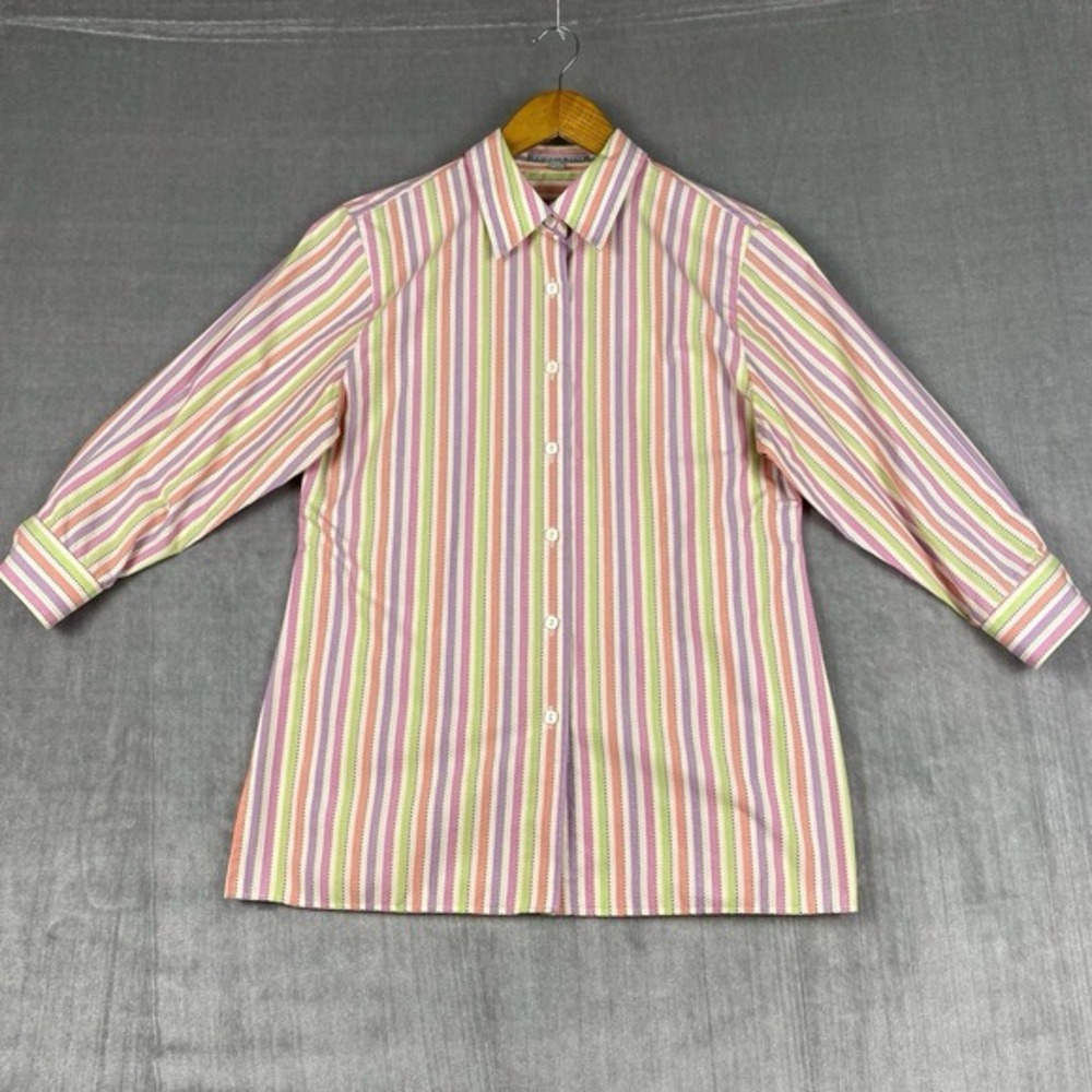 Foxcroft Button‎ Up Womens Size 10 Pastel Stripe 3/4 Sleeve Classic Preppy